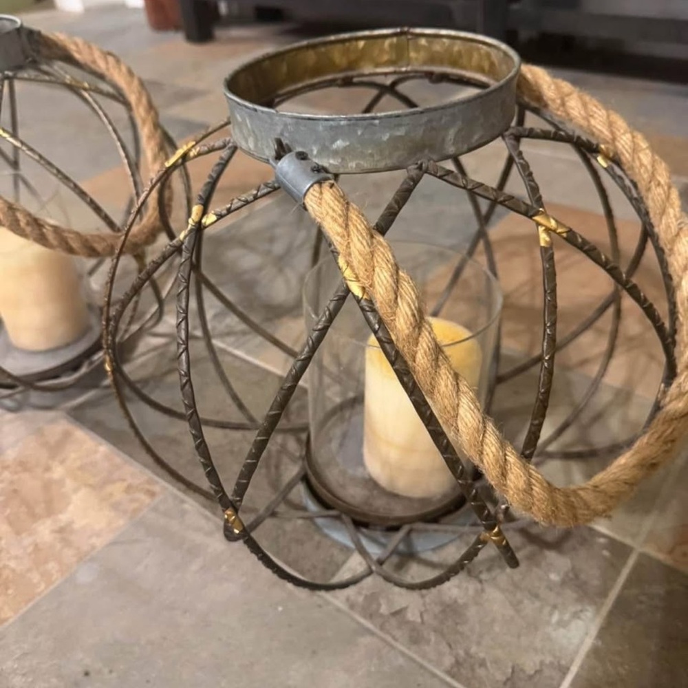 Rustic Metal Lantern with Rope Handle - Picture 2 of 2